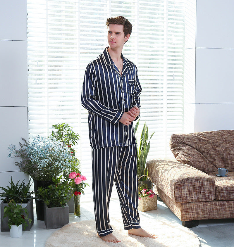 Pyjama à rayures en soie synthétique pour hommes
