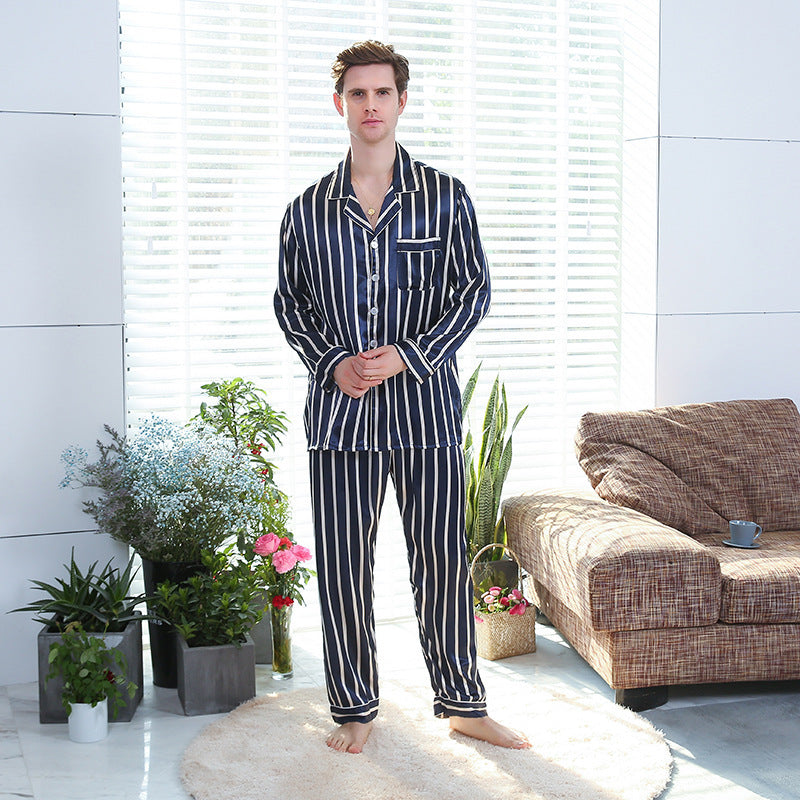 Pyjama à rayures en soie synthétique pour hommes